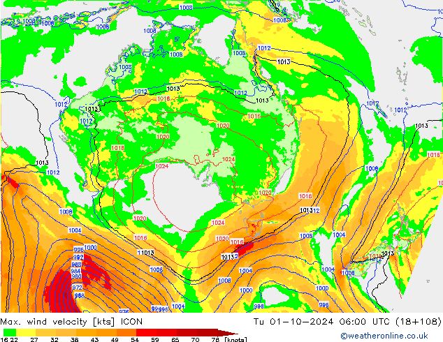 Max. wind velocity ICON Tu 01.10.2024 06 UTC