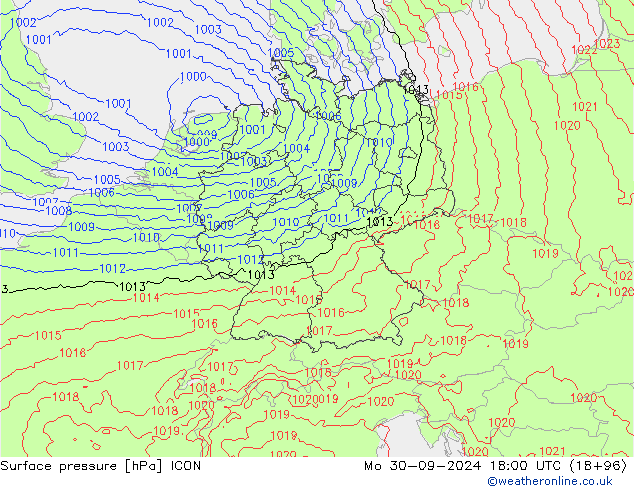 Surface pressure ICON Mo 30.09.2024 18 UTC