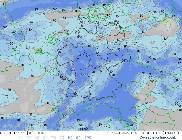 Humidité rel. 700 hPa ICON jeu 26.09.2024 19 UTC