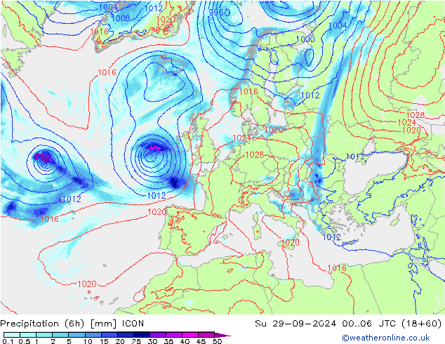 Precipitation (6h) ICON Su 29.09.2024 06 UTC