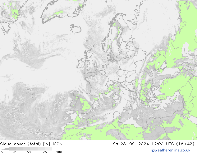 Nubes (total) ICON sáb 28.09.2024 12 UTC