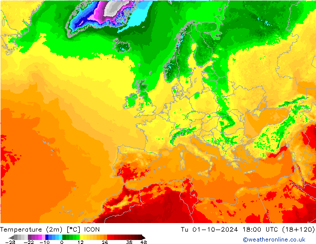 Temperature (2m) ICON Tu 01.10.2024 18 UTC