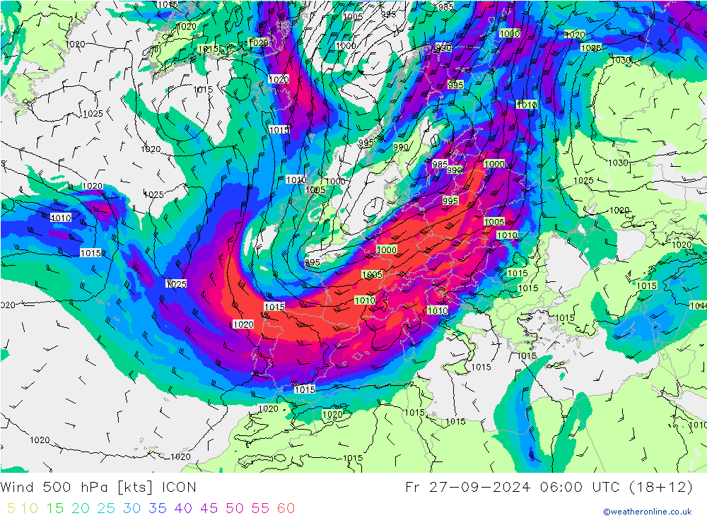 Wind 500 hPa ICON Fr 27.09.2024 06 UTC