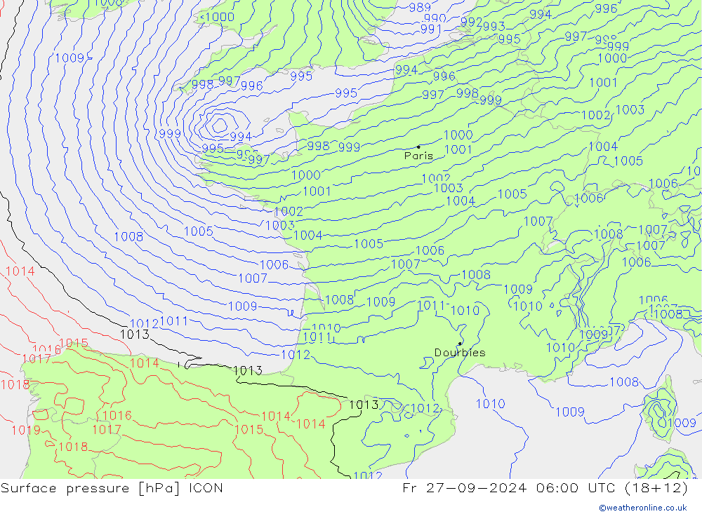 Surface pressure ICON Fr 27.09.2024 06 UTC