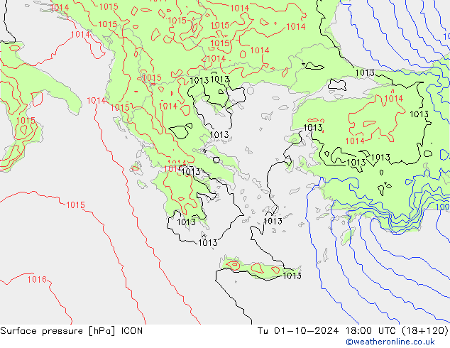 Surface pressure ICON Tu 01.10.2024 18 UTC