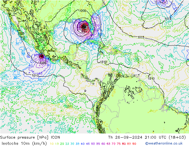 Isotachs (kph) ICON gio 26.09.2024 21 UTC