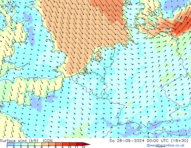 Surface wind (bft) ICON Sa 28.09.2024 00 UTC