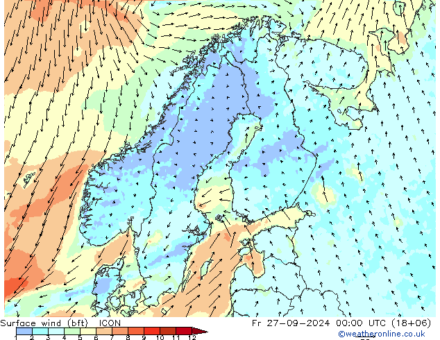 Bodenwind (bft) ICON Fr 27.09.2024 00 UTC