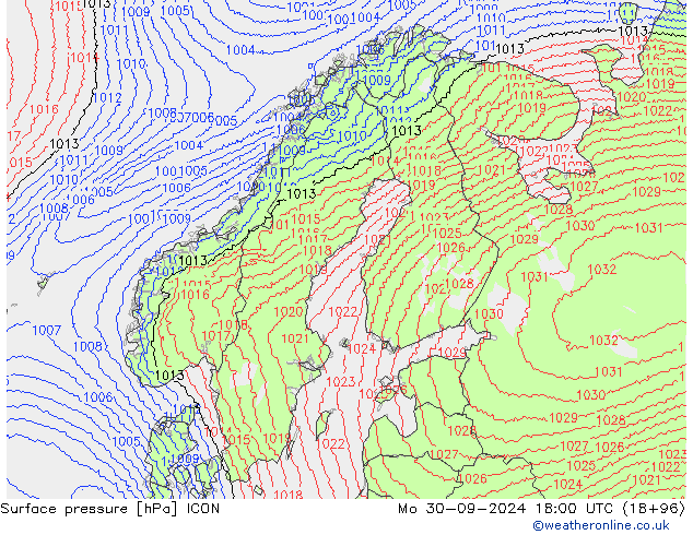 Surface pressure ICON Mo 30.09.2024 18 UTC