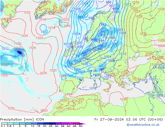 Srážky ICON Pá 27.09.2024 06 UTC