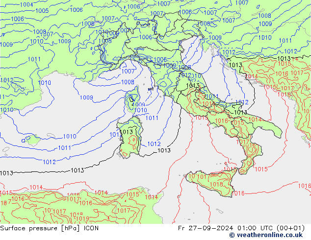 Surface pressure ICON Fr 27.09.2024 01 UTC