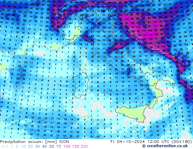 Precipitation accum. ICON Fr 04.10.2024 12 UTC