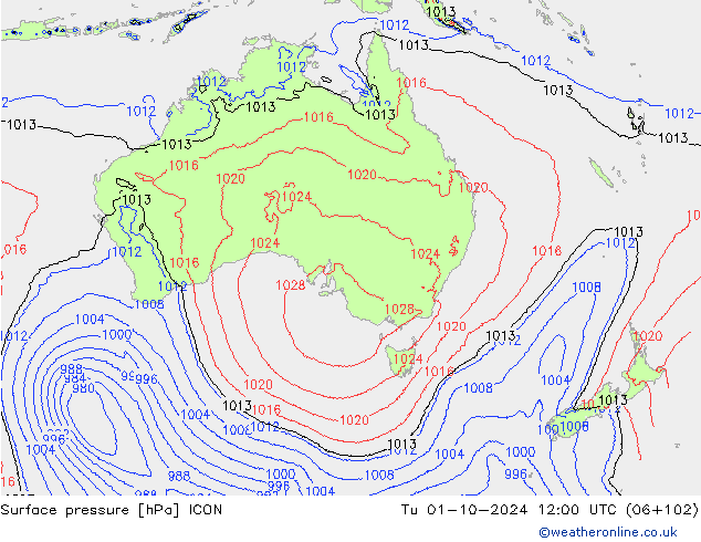 Surface pressure ICON Tu 01.10.2024 12 UTC