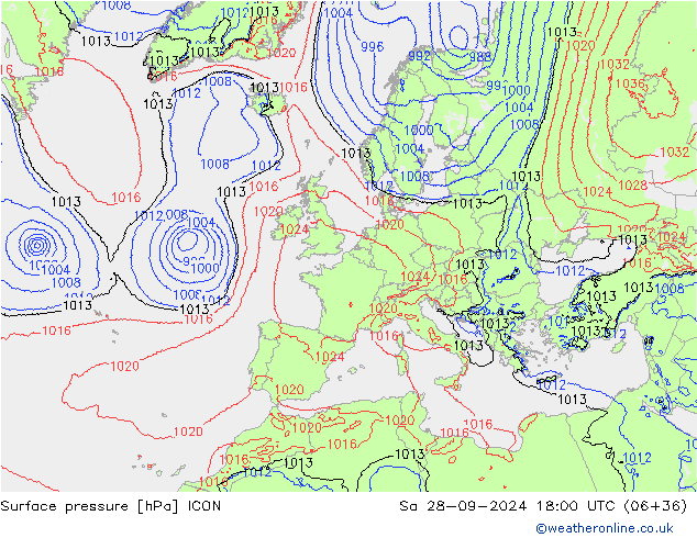 Atmosférický tlak ICON So 28.09.2024 18 UTC