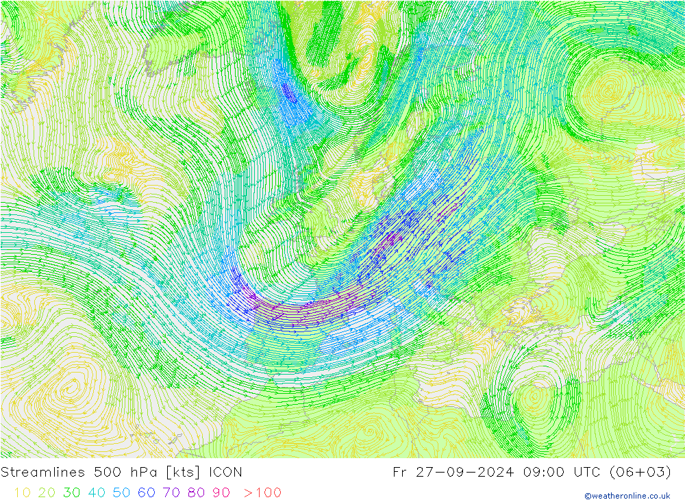 风 500 hPa ICON 星期五 27.09.2024 09 UTC