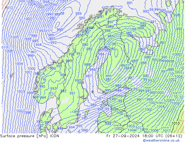 地面气压 ICON 星期五 27.09.2024 18 UTC