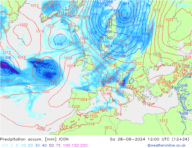 Precipitation accum. ICON 星期六 28.09.2024 12 UTC