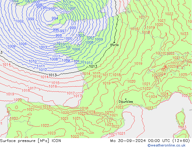 Luchtdruk (Grond) ICON ma 30.09.2024 00 UTC