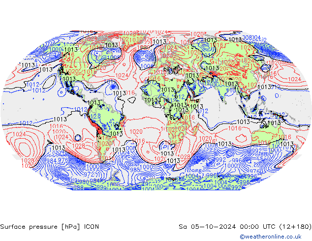 地面气压 ICON 星期六 05.10.2024 00 UTC