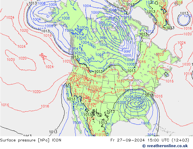 地面气压 ICON 星期五 27.09.2024 15 UTC