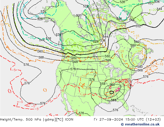 Height/Temp. 500 hPa ICON 星期五 27.09.2024 15 UTC