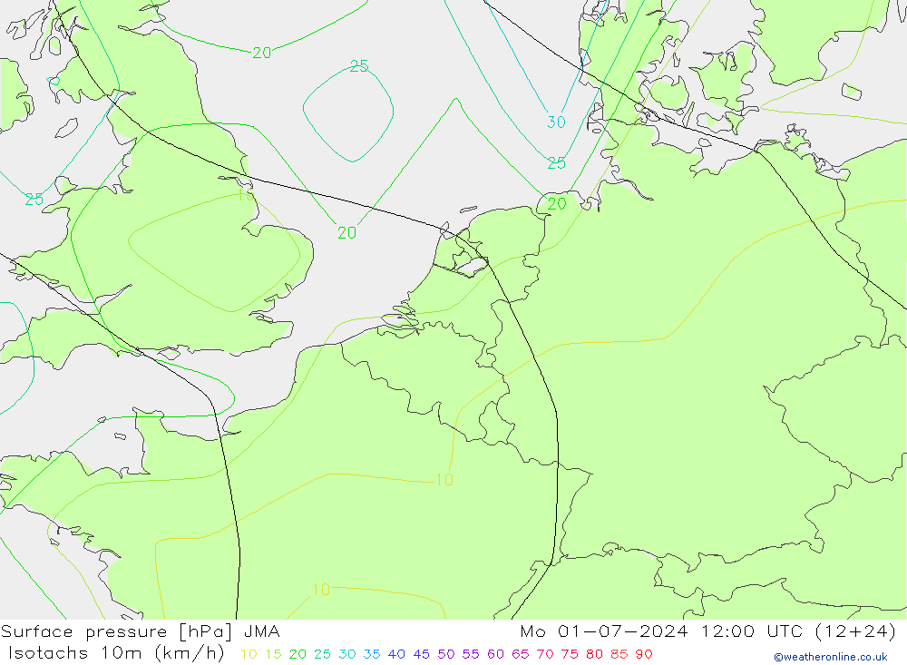 10米等风速线 (kph) JMA 星期一 01.07.2024 12 UTC