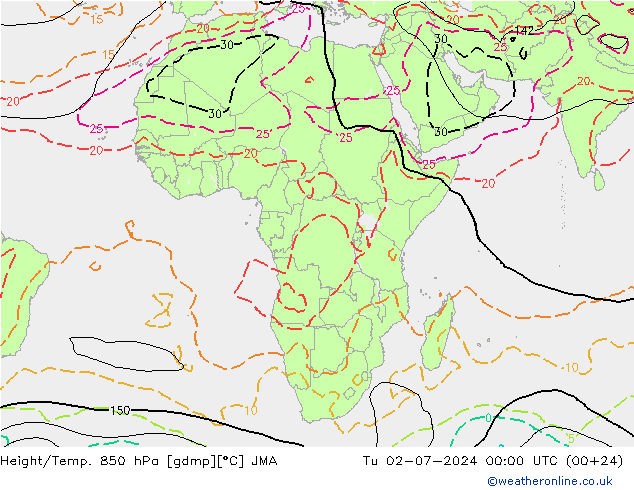 Hoogte/Temp. 850 hPa JMA di 02.07.2024 00 UTC