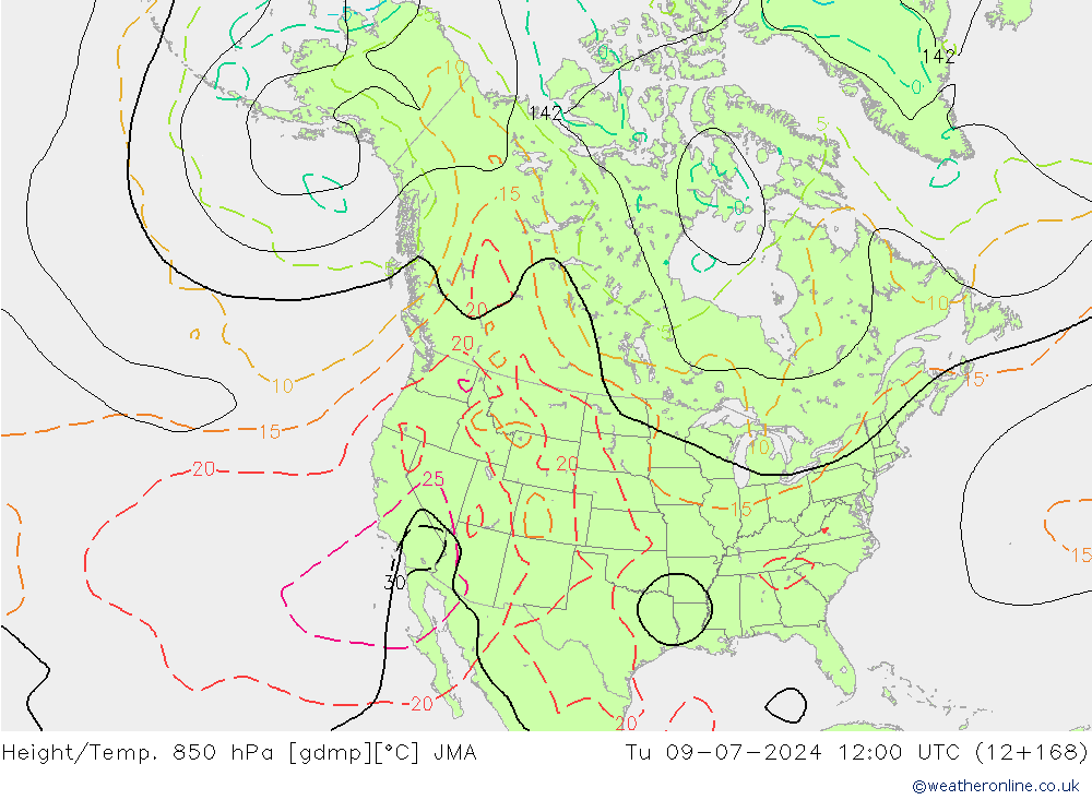 Hoogte/Temp. 850 hPa JMA di 09.07.2024 12 UTC