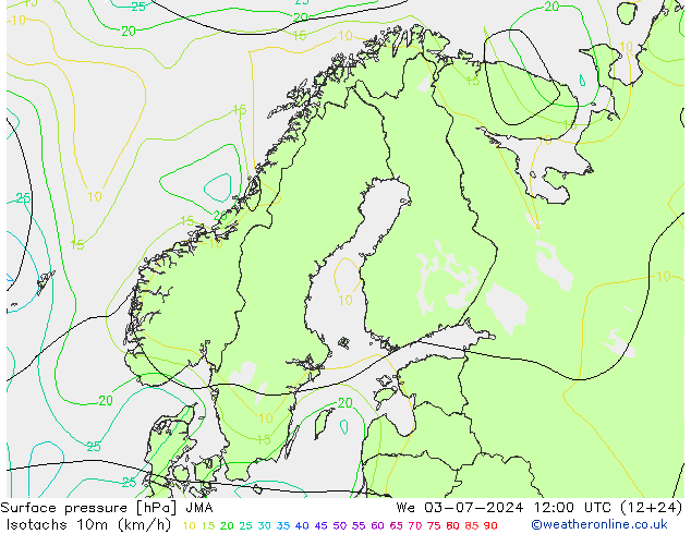 10米等风速线 (kph) JMA 星期三 03.07.2024 12 UTC