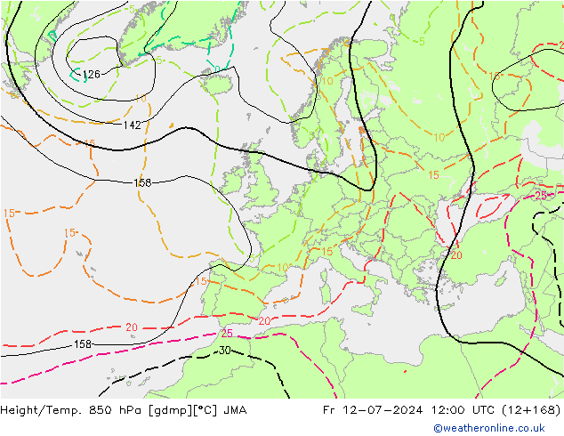 Hoogte/Temp. 850 hPa JMA vr 12.07.2024 12 UTC