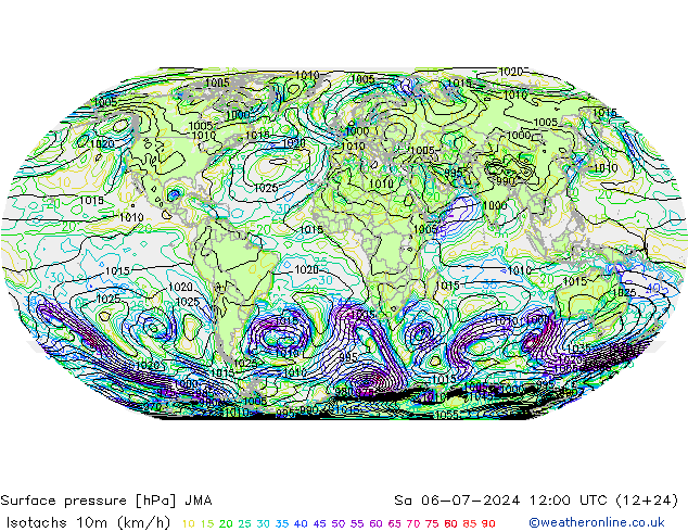 10米等风速线 (kph) JMA 星期六 06.07.2024 12 UTC