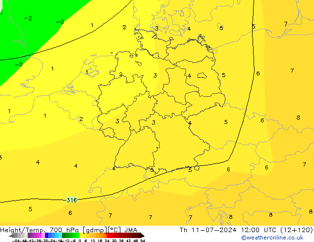 Hoogte/Temp. 700 hPa JMA do 11.07.2024 12 UTC