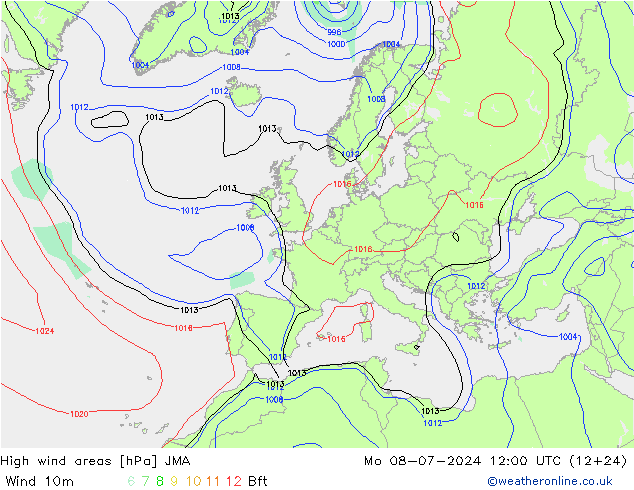 High wind areas JMA 星期一 08.07.2024 12 UTC