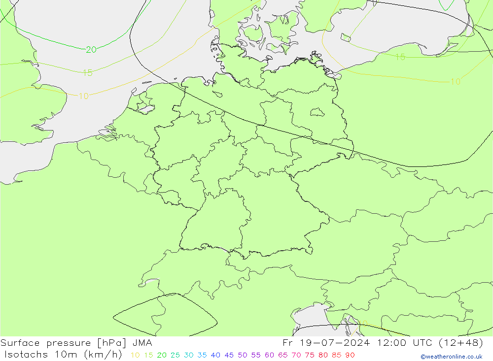10米等风速线 (kph) JMA 星期五 19.07.2024 12 UTC