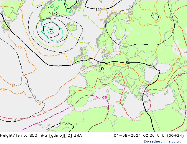 Hoogte/Temp. 850 hPa JMA do 01.08.2024 00 UTC