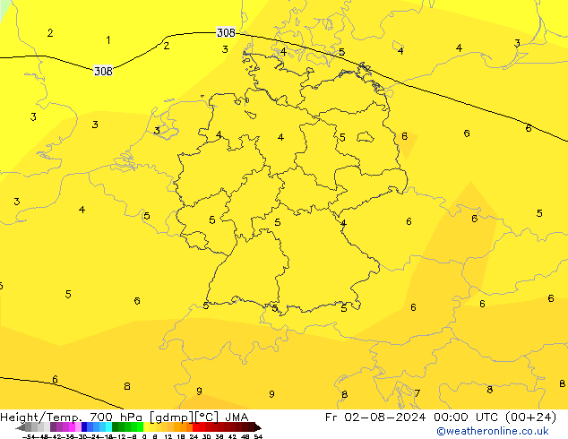 Hoogte/Temp. 700 hPa JMA vr 02.08.2024 00 UTC