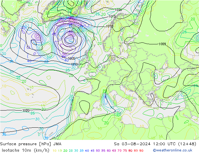 10米等风速线 (kph) JMA 星期六 03.08.2024 12 UTC