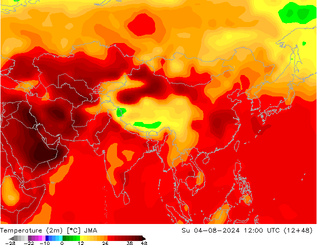 Temperatuurkaart (2m) JMA zo 04.08.2024 12 UTC