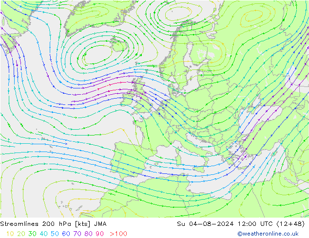 Stroomlijn 200 hPa JMA zo 04.08.2024 12 UTC