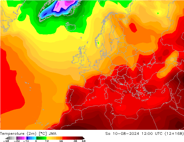 Temperatuurkaart (2m) JMA za 10.08.2024 12 UTC