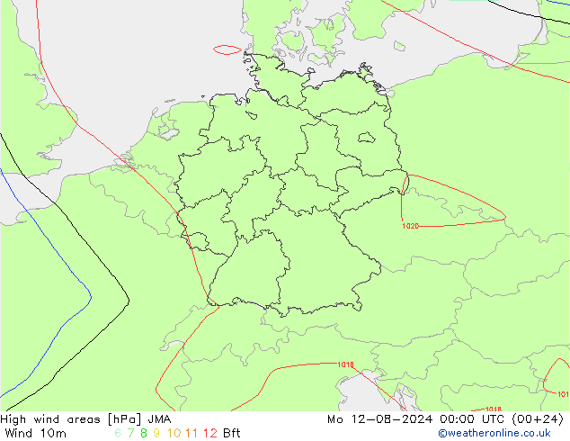 High wind areas JMA 星期一 12.08.2024 00 UTC