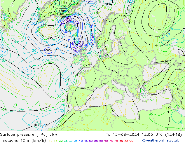 Isotachen (km/h) JMA di 13.08.2024 12 UTC