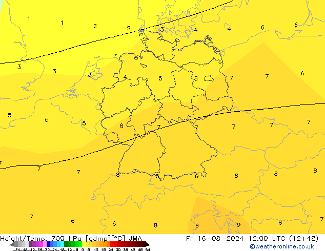 Hoogte/Temp. 700 hPa JMA vr 16.08.2024 12 UTC