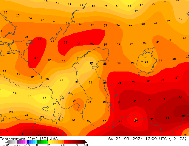 Temperatuurkaart (2m) JMA zo 22.09.2024 12 UTC