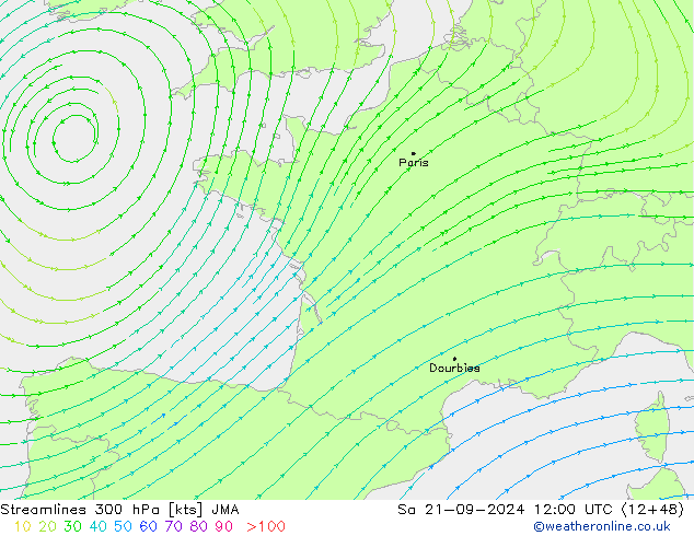 Stromlinien 300 hPa JMA Sa 21.09.2024 12 UTC