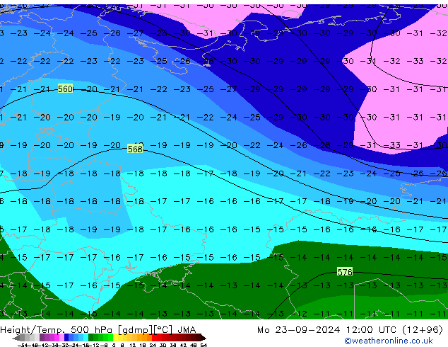 Geop./Temp. 500 hPa JMA lun 23.09.2024 12 UTC