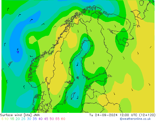 Rüzgar 10 m JMA Sa 24.09.2024 12 UTC