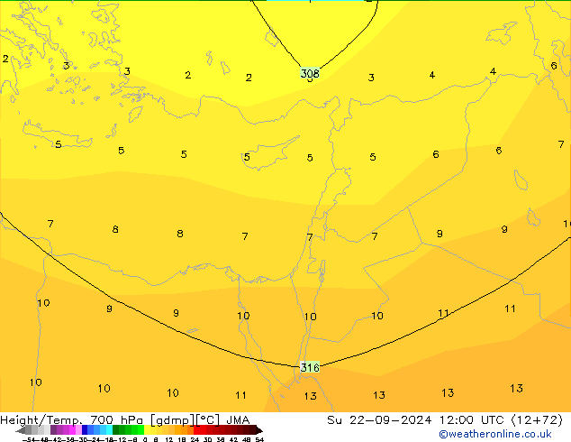 Height/Temp. 700 hPa JMA Su 22.09.2024 12 UTC