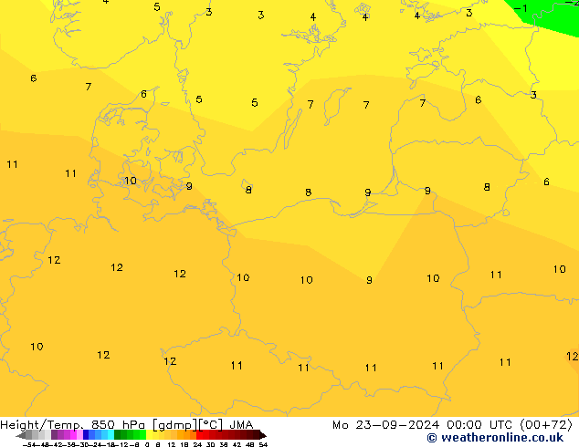 Height/Temp. 850 hPa JMA pon. 23.09.2024 00 UTC