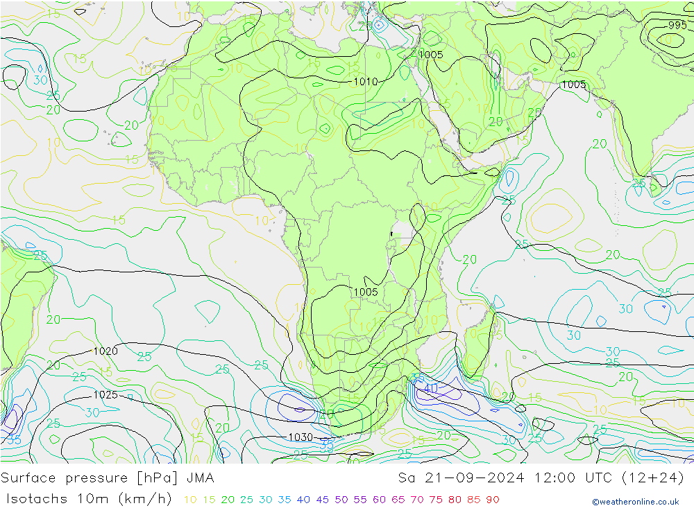 Isotachs (kph) JMA Sáb 21.09.2024 12 UTC